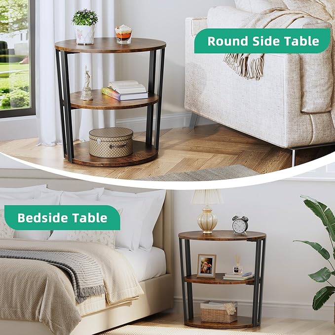 Rotating Round Side Table, 3-Tier End Table with Metal Frame, Nightstand for Small Spaces, Side Table Living Room Bedroom Sofa Bathroom, Vintage Brown