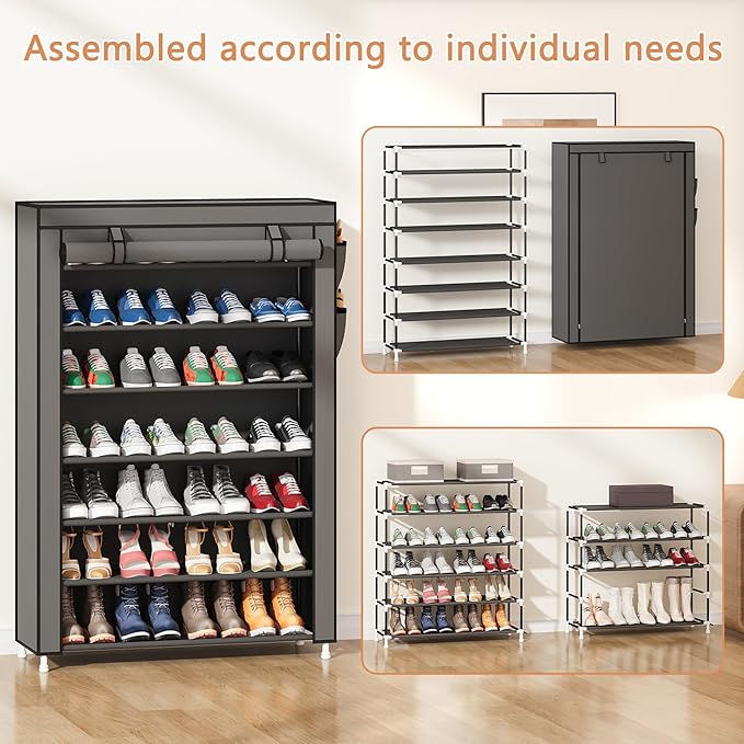 Laiensia 7-Tier Vertical Shoe Rack Organizer, Space Saving Shoe Storage Organizer, Non-Woven Cover Shoe Shelf Holds 28-35Pairs for Bedroom, Hallway, Closet Entryway, Black