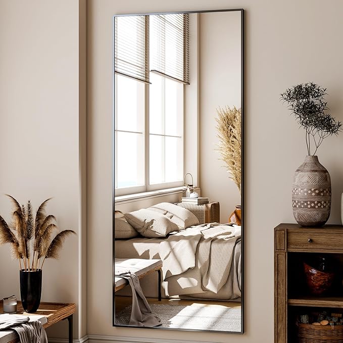 68"x 24" Full Length Mirror with Stand, Large Wall-Mounted or Leaning Floor Mirror with Aluminum Alloy Frame, Rectangular Wall Mirrors for Bedroom, Entryway, and Living Room Decor, Black