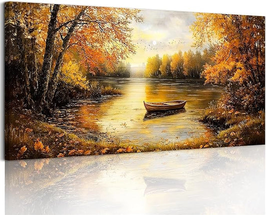 SERIMINO Fall Landscape Large Canvas Wall Art Living Room, Lake Boat Forest Art Prints, Autumn Scenery Nature Decor Pictures, Rustic Gold Paintings Wall Decor Bedroom, Office Decor 30"X60"