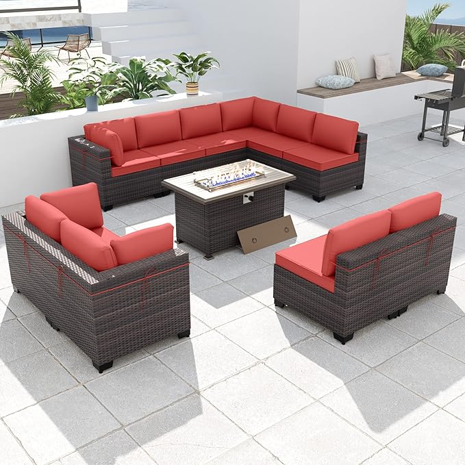 Kurapika 11 Pieces Patio Furniture Set, Rattan Wicker Outdoor Conversation Sets w/43in Propane Fire Pit Table and 4 Inch Cushion(Red)
