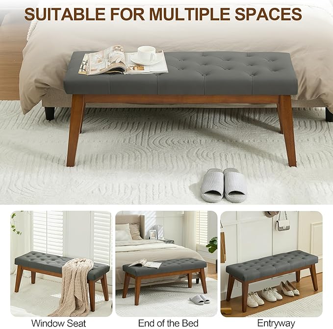 43.5'' Faux Leather Bedroom Bench, Upholstered End of Bed Bench with Tufted Button, Padded Vintage Dining Bench, Entryway Bench with Solid Wood Legs, Kitchen, Living Room, Hallway, Dark Grey Tufted