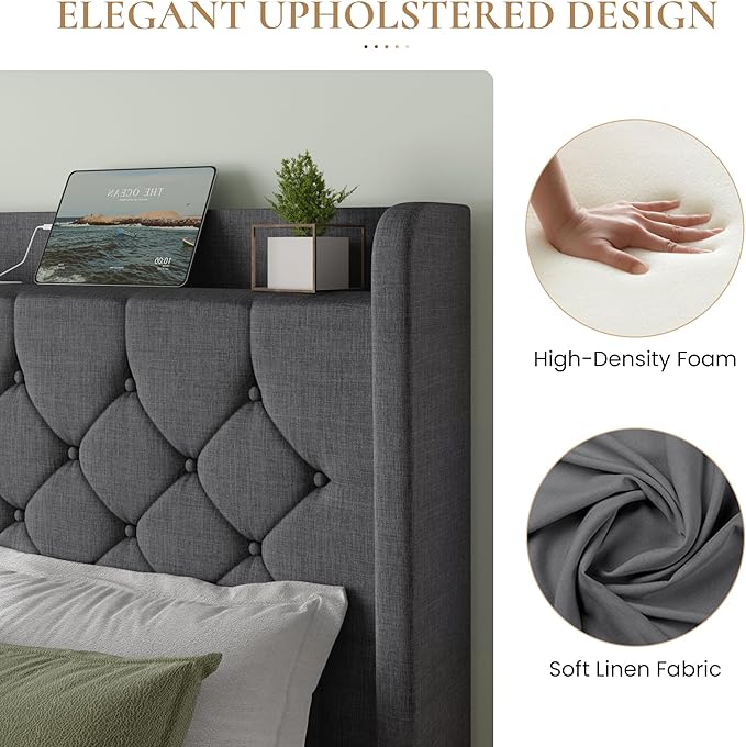 SHA CERLIN King Size Platform Bed Frame with Charging Station, Velvet Wingback Headboard with Storage Shelf, Wooden Slats Support, Ample Under-Bed Space, No Box Spring Needed, Easy Assembly, Dark Grey