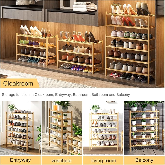 6-Tier Bamboo Shoe Rack for Entryway, Stackable | Heavy Duty | Multi-Function, Free Standing Shoe Racks for Bedroom Hallway Closet