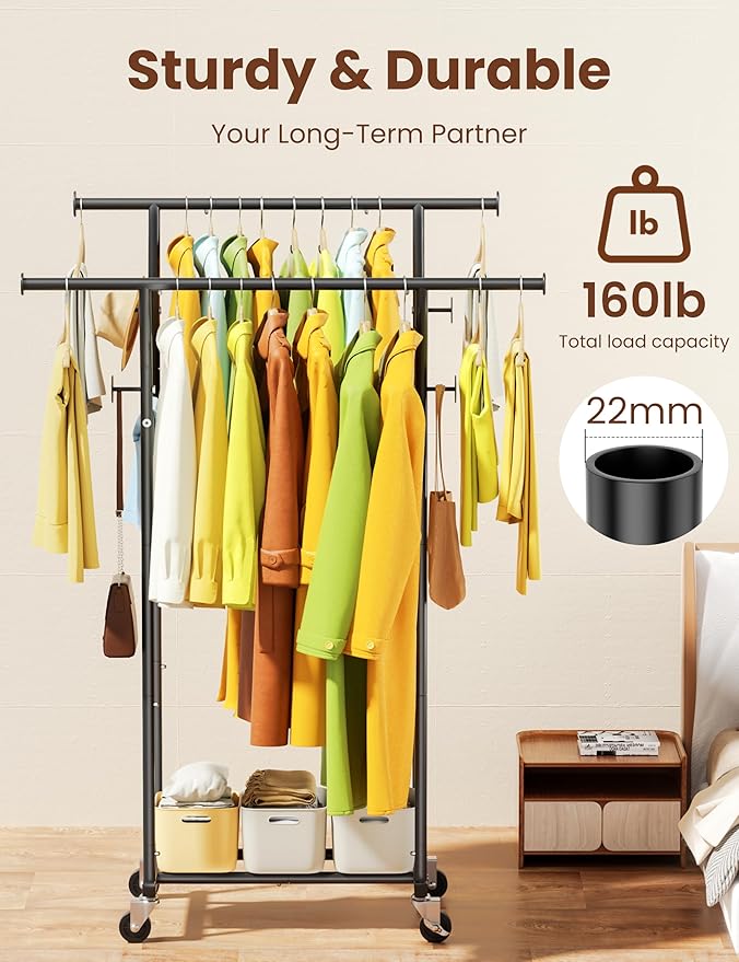Double Rods Clothes Rack, Rolling Clothing Rack with Wheels, Metal Clothing Racks for Hanging Clothes, Portable Garment Rack Sturdy Closet Rack Trending Coat Rack for Laundry Bedroom Living Room