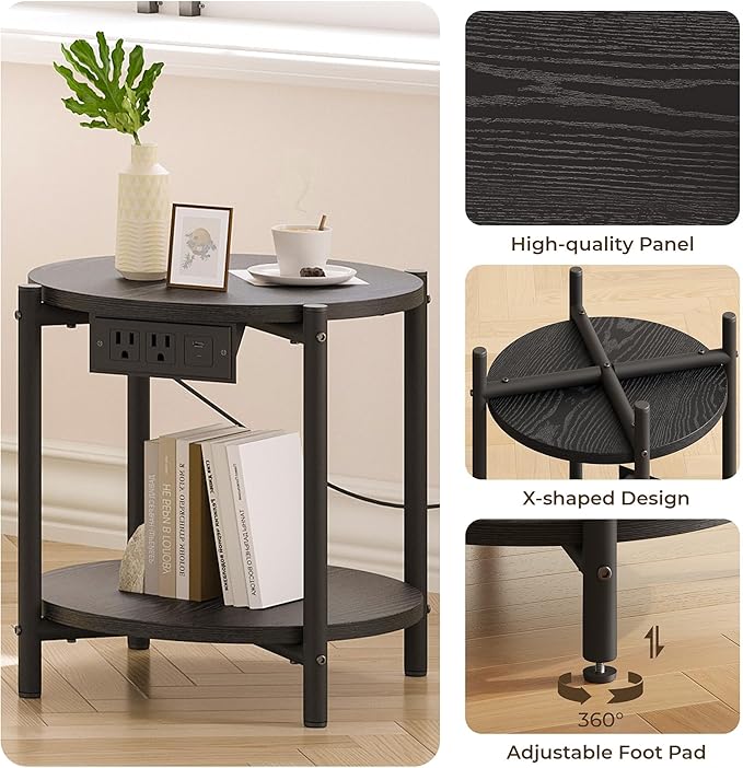 LIKIMIO Small Round End Tables Set of 2 with Charging Station, 2-Tier Wooden Side Tables, 15.8" W Modern Nightstands for Small Spaces, Living Room, Bedroom, Black