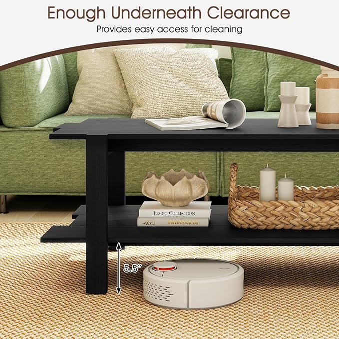 GOFLAME Wood Coffee Table with Storage, 2-Tier Irregular Center Table with Open Storage Shelf, Modern Accent Tea Table for Living Room, Home Office, Reception Room (Black)