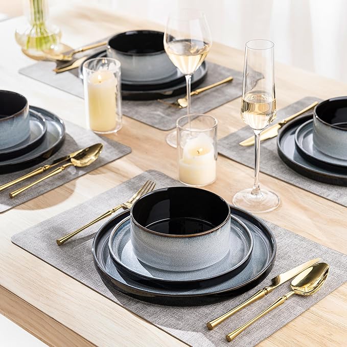 LERATIO Ceramic Dinnerware Sets for 4,Round Reactive Glaze Ceramic Plates and Bowls Set,Highly Chip and Crack Resistant | Dishwasher & Microwave Safe Dishes Set,Service for 4 (12pc)-Gray White