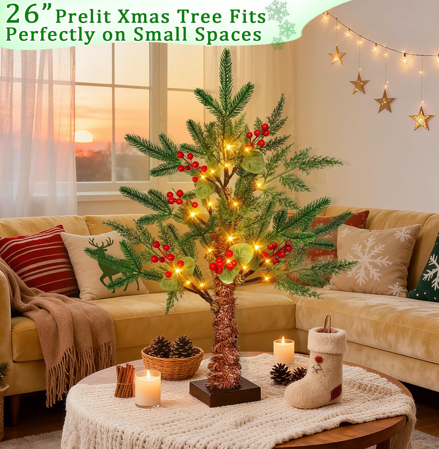 24" /2FT Tabletop Christmas Tree with Lights Timer, USB or Battery Powered, Prelit Small Christmas Trees with Realistic Norfolk Pine &Cypress Tips 24LED Berries Pinecones Xmas Indoor Home Table Desk
