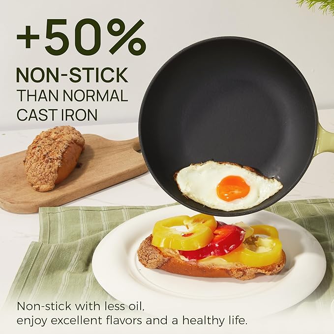 KOKHUB Non Toxic Frying Pan Set 3 Piece, Titanium Enameled Cast Iron Skillets, 8" 9.5" 11" Non Stick PFOA Free Cooking Pans, Dishwasher & Oven Safe Cookware, All Cooktops Compatible, Sage Green