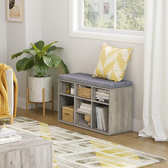 DINZI LVJ Shoe Bench, 9 Cubbies Shoe Organizer for Entryway, Storage Bench with Cushion, Cubby Shoe Rack with Adjustable Shelves for Living Room, Bedroom, Mudroom, Hallway, Gray Wash