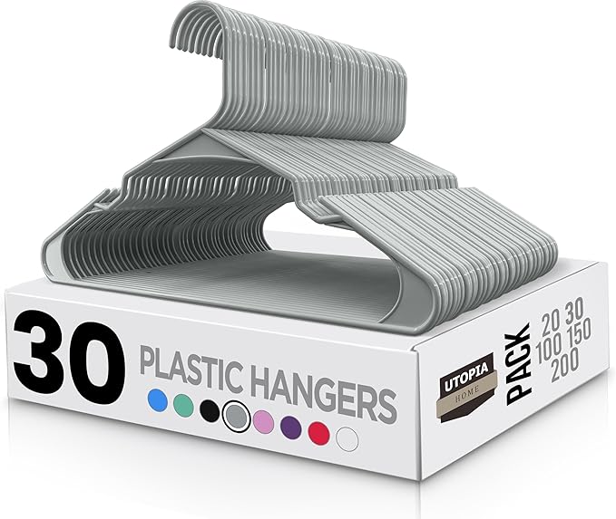 Utopia Home Plastic Hangers 30 Pack - Perfect Space Saving Clothes Hanger - Durable and Strong - Perfect Closet Organizers with Shoulder Grooves (Grey)