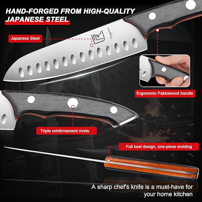 Santoku Chef Knife, 7 Inch Kitchen Knife, Ergonomic Non Slip Thumb Grip,Ultra Sharp Cutting Knife, Forged From Japanese Steel, Professional Cooking Knife For Cutting Meat And Vegetables.