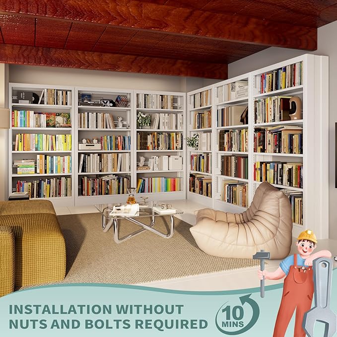 71" Metal Book Shelf, 5 Tier Bookshelf with Adjustable Shelves, Bookshleves and Bookcases, Heavy Duty Library Book Case, Expandable Combination Bookshelf (White, 72.8" W)