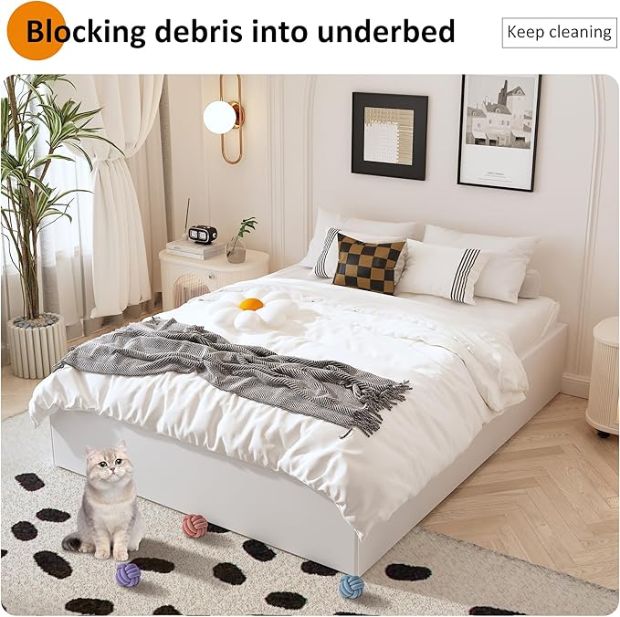 Cal King Bed Frame with White Fabric Cover, 14 Inch Heavy Duty Metal Platform Support Up to 3000 lbs with Steel Slats, No Box Spring Needed, Easy Assembly, Noise Free, Black