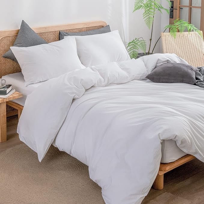 BESTOUCH Duvet Cover Set 100% Washed Cotton Linen Feel Super Soft Comfortable Chic Lightweight 3 PCs Home Bedding Set Solid Bright White King