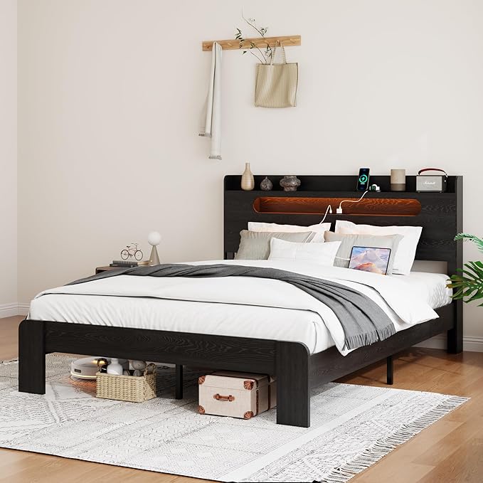 Wooden King Size Bed Frame with Storage Headboard, Farmhouse Platform Bedframe with Charging Station & Led Lights, Sturdy Wood Slat Framework, Easy Assembly (Rustic Black, King)