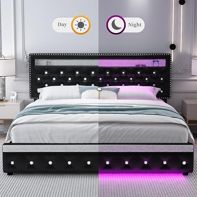 Queen Led Bed Frame with 2 Drawers, Heavy Duty Upholstered Platform Bed Frames Queen Size with Storage and Adjustable Crystal Button Tufted Headboard, No Box Spring Needed, Easy Assembly, PU Black