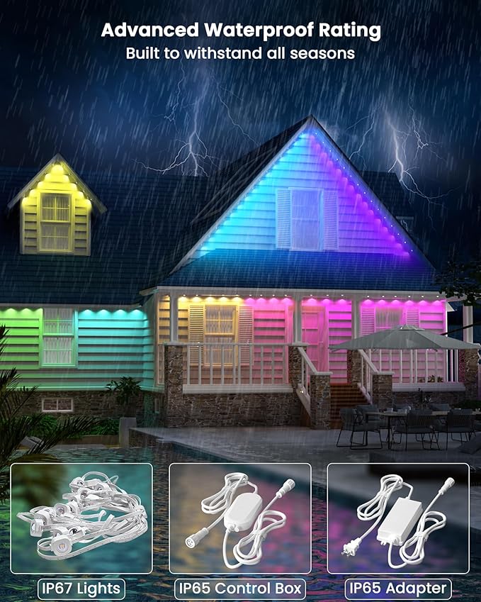Gefolly Permanent Outdoor Lights Pro, 200ft with 120 RGBW Double-LED Light 111 Scene Modes for Daily, Halloween, Christmas, IP67 Waterproof for Outdoor Decor, Works with Alexa, Google Assistant, White
