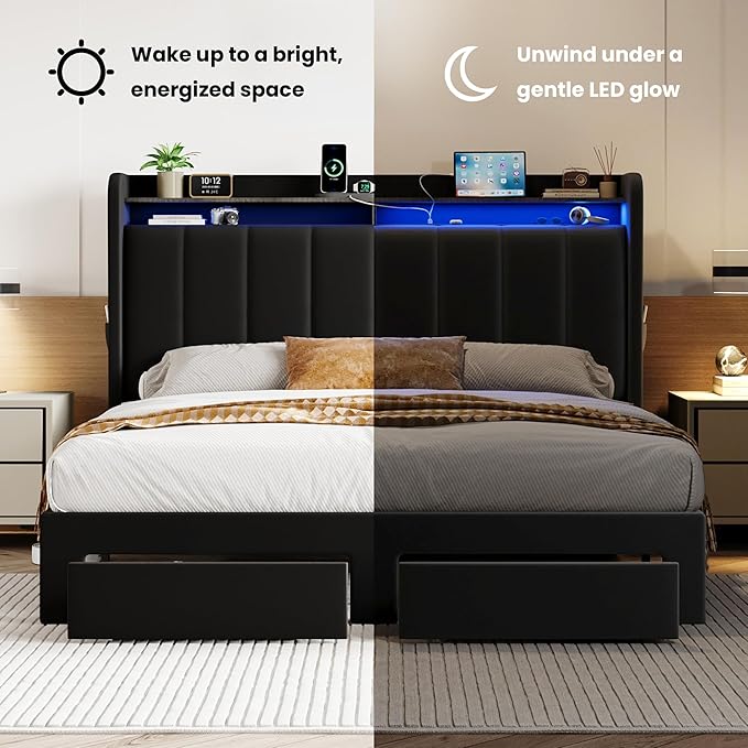 SHA CERLIN Velvet Full Size Bed Frame with Vertical Channel Tufted Wingback Headboard & 2 Storage Drawers/2-Tier Shelves with LED Lights & Charging Station/Noise-Free/No Box Spring Needed/Black