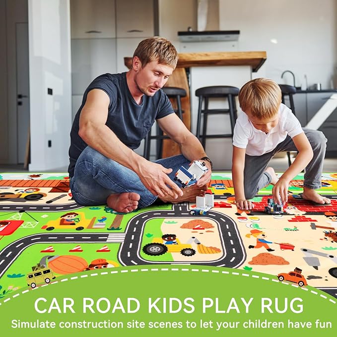 Kids Rug Play Mat for Toy Cars, 78.7"×59" Construction Site Road Traffic for Playroom Kids City Engineering Car Road Play Mat Non-Slip Washable Carpet Toddlers Boys Room Family Playtime
