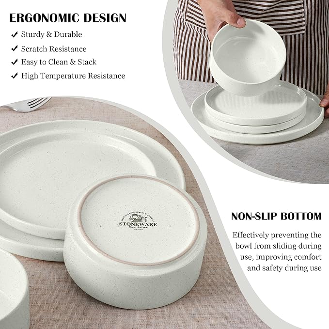 E-far Stoneware Dinnerware Sets, 12-Piece Plates and Bowls Dish Set for 4, Kitchen Modern Dinning Dishware, Chip and Scratch Resistant, Microwave & Dishwasher Safe, Speckled White