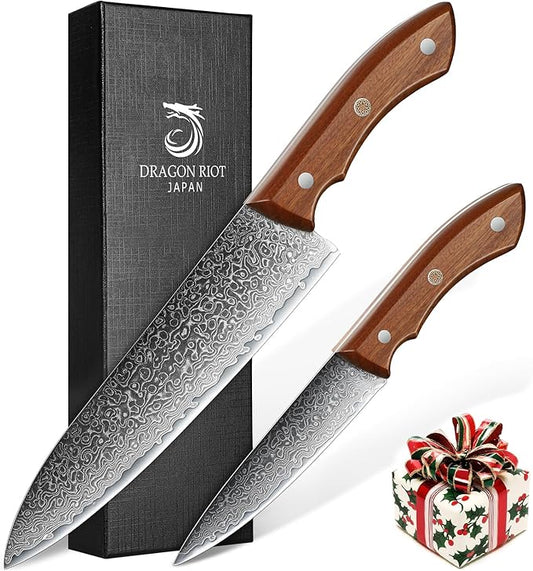 DRAGON RIOT Damascus Chef Knife Set, 2pcs VG10 Professional Kitchen Knife Set, Ultra Sharp Blade & Ergonomic Wooden Handle, Full Tang Forged Damascus Steel Kitchen Cooking Knife Set with Gift Box