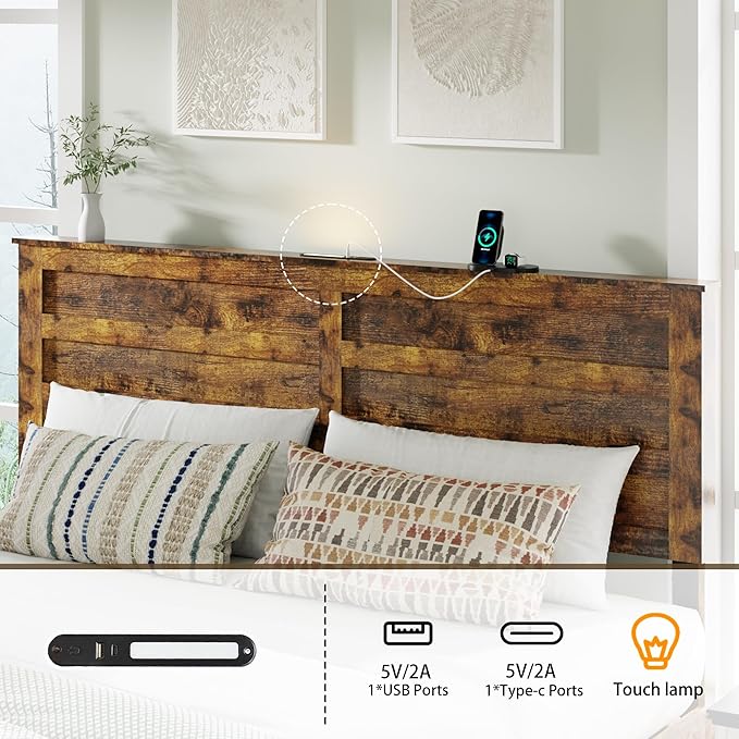 Queen Size Bed Frame with Wood Headboard, Wooden Platform Bedframe with Sliding Barn Door Footboard and Charging Station Easy Assembly, No Box Spring Needed (Brown, Queen)