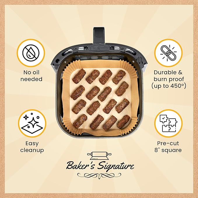 Air Fryer Paper Liners, 125Pcs Air Fryer Disposable Liners, Non-Stick and Oil Proof for Easy Cleanup, 8” Square for 5-8 qt Basket by Baker's Signature