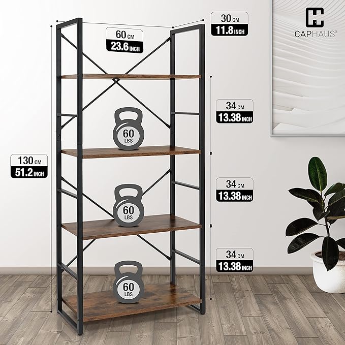 CAPHAUS 4 Tier Bookshelf, 24 Inch Width Free Standing Shelf, Bookcase Shelf Storage Organizer, Industrial Book Shelves for Home Office, Living Room, Kitchen, Rustic Oak Vintage Shelves & Metal Frame