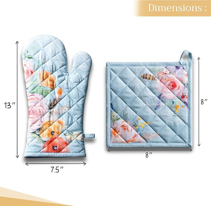 Maison d' Hermine 100% Cotton Oven Mitt & Pot Holder Set (7.5"x13" & 8"x8") Heat Resistant BBQ Cooking Gloves with Loop, Baking, Grilling, Kitchen, Handling Hot Pans Spring/Summer (Ibiza)