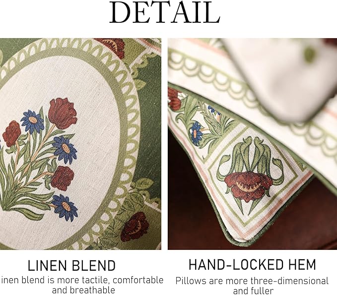 Design Linen Square Throw Pillow Covers 18"x18" Pack of 2, Yellow Green French Cushion Covers with Red Rose Floral Pattern Decoration Pillowcases for Bed, Living Room, Outdoor, Car