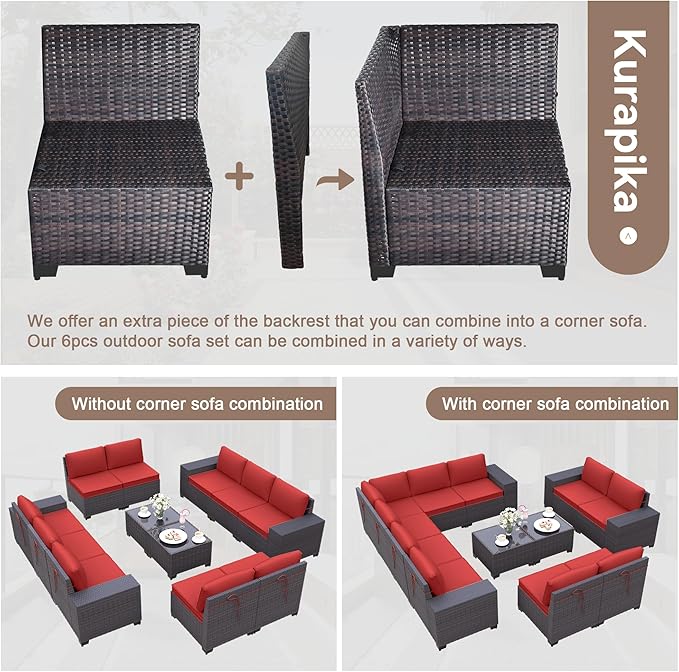 Kurapika 12 Pieces Patio Furniture Set, Rattan Wicker Outdoor Conversation Sets w/4 Inch Cushion and Glass Coffee Table(Red)