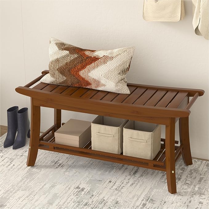 Bamboo Entryway Storage Bench with Shelves Shoe Rack Bench Seat Organizer for Porch Bedroom Bathroom Balcony 39 x 13 x 19.2 Inches Chestnut Brown