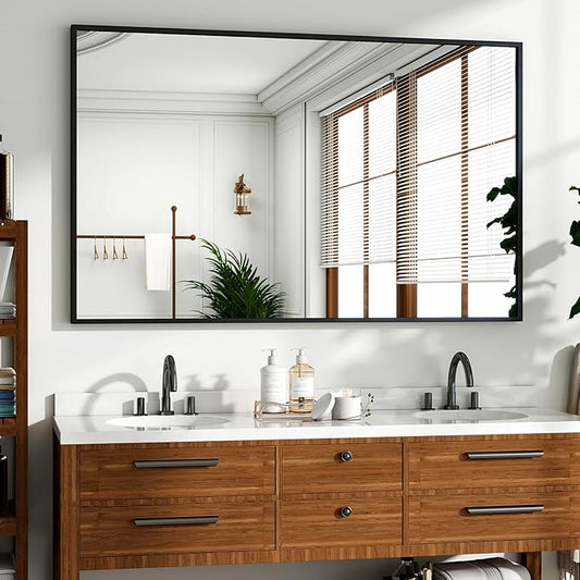 HARRITPURE 48"x30" Framed Bathroom Mirror for Wall Rectangle Mirror Aluminum Alloy Frame Wall-Mounted for Farmhouse Entryway Bedroom Living Room Black