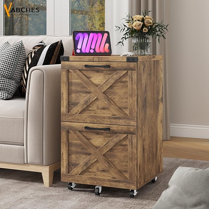 Farmhouse File Cabinet with 2 Drawers, Vertical Filing Cabinet on Wheels for Letter/A4 Size Hanging Files, Mobile File Cabinets Printer Stand for Home Office, Rustic Brown