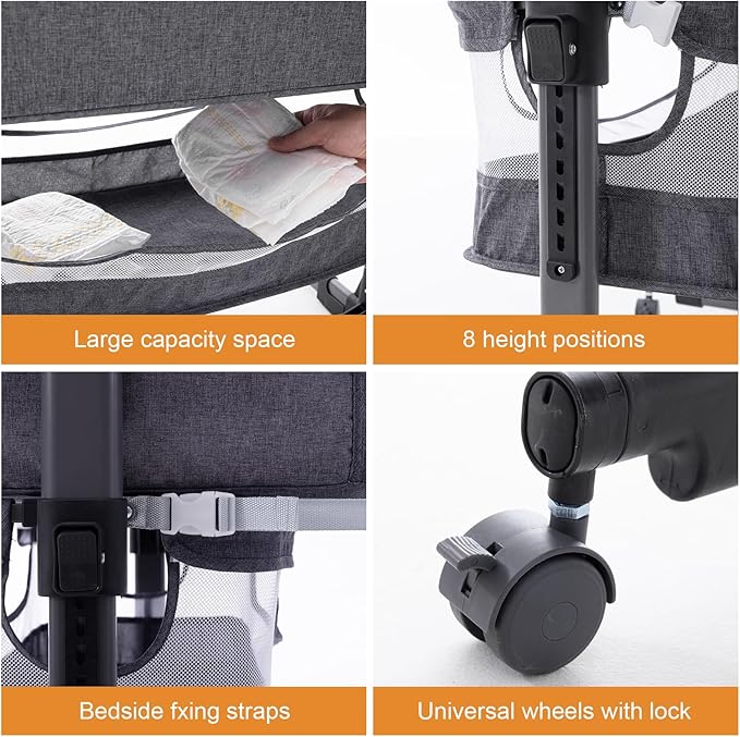 3 in 1 Baby Crib,Bassinet Bedside Crib Adjustable Portable Bed for Infant,Baby Newborn Must Have Bed,Grey