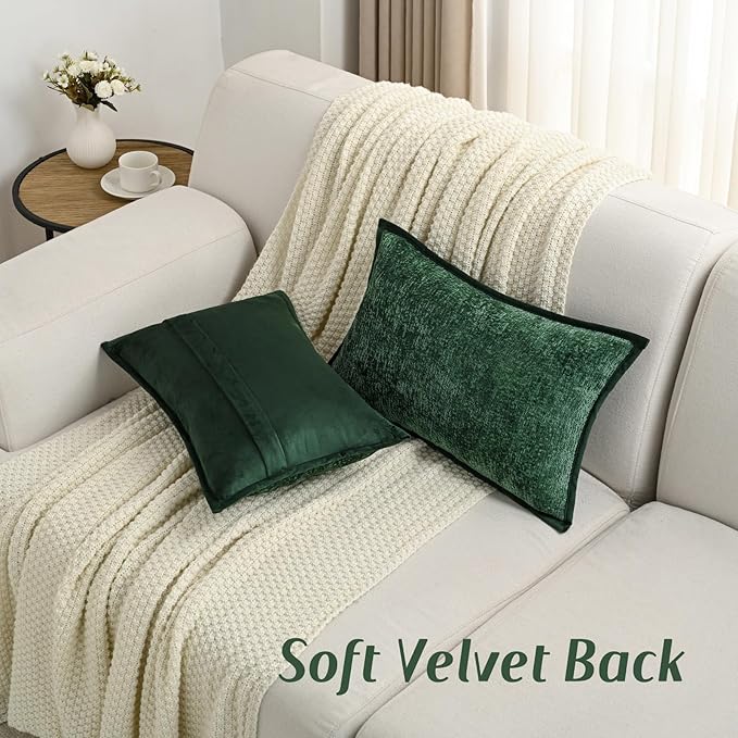 FUTEI Dark Green Chenille Throw Pillow Covers 12x20 Inch Set of 2,Soft Cozy Bound Edge Design Lumbar Pillow Cases,Home Decor for Couch Bed Living Room