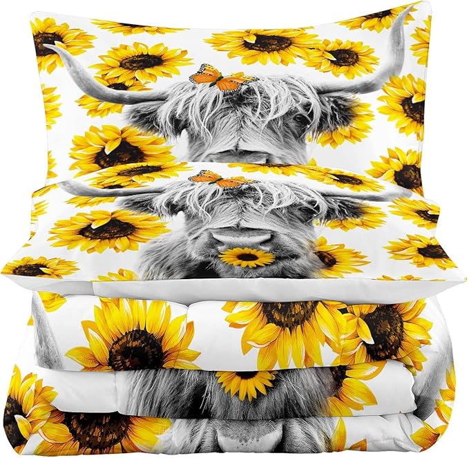 Tailor Shop Western Highland Cow Bedding Set Queen Size Sunflower Highland Cattle Wild Animal Cow Print Comforter 3 Pcs Sets with 1 Comforter 2 Pillowcases…