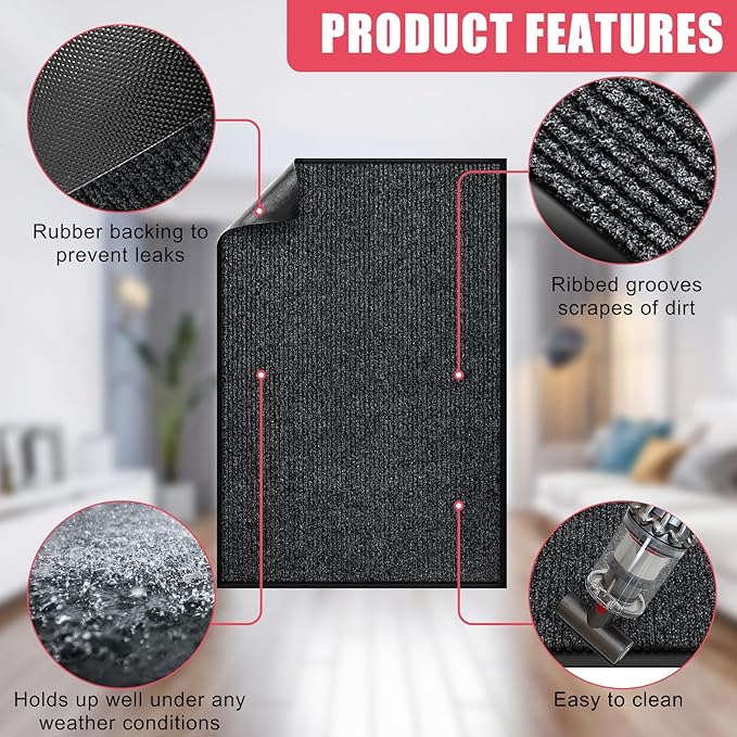 Kuyal Front Door Mat, 3'x4' Indoor Outdoor Entrance Mat, Commercial Floor Mats Inside Outside Entrance, Heavy Duty Durable Welcome, Rubber Backing Non Slip Outdoor Mats for Entryway,Black