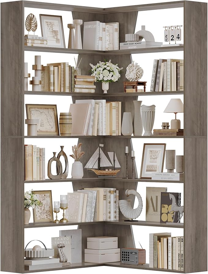 75" Corner Bookshelf, 6-Tier Modern Bookshelf and Bookcase, Tall Bookcase Open Display Storage, L Shaped Corner Shelf for Library, Living Room, Home Office, Gray