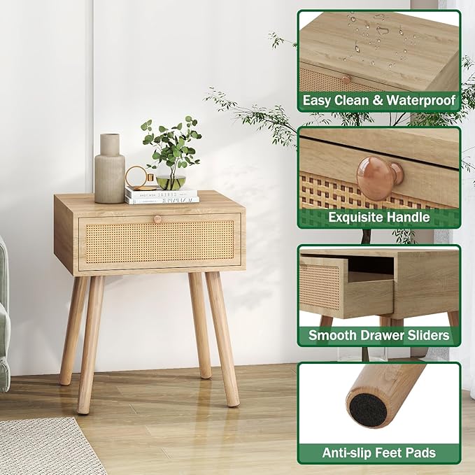 IBUYKE Hidden Compartment Nightstands, Rattan Nightstand with Wood Legs, Boho Side Table Concealment Furniture, Bedside End Table for Bedroom, Easy Assembly, Natural UWNS010N