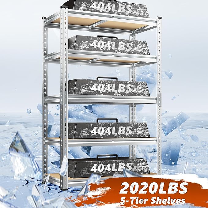 REIBII Garage Shelving, 5 Tier Storage Shelves Load 2020LBS, Adjustable Garage Shelving Heavy Duty, Metal Shelves Unit with Waterproof Columns, 35.5" W x 11.9" D x 72" H, Galvanized, 2 Pack