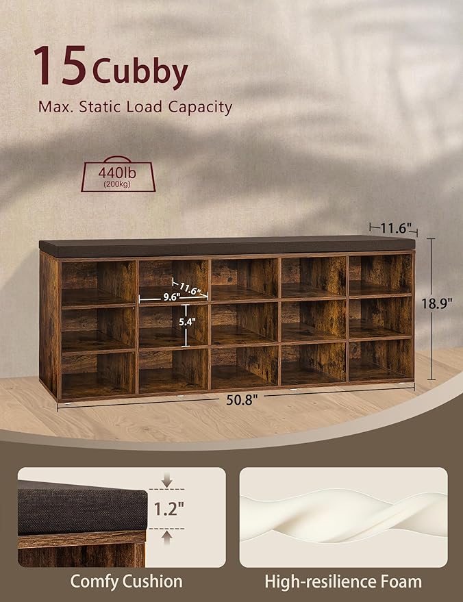 DINZI LVJ Shoe Storage Bench with Cushion, 15-Cubby Rack, Adjustable Shelves, Long Organizer Bench for Entryway, Mudroom, Hallway, Living Room, Bedroom and Garage, Rustic Brown