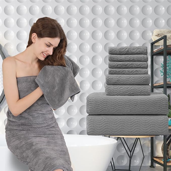 Grey Bath Towels Set of 8, Bathroom Towel Quick Dry Textured,2 Oversized Shower Towels Large/2 Hand Towels/4 Washcloths, Ultra Soft Microfiber Absorbent Bath Sheets for Bathroom Hotel Spa