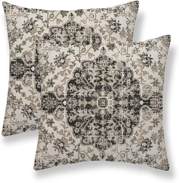 Boho Throw Pillow Covers 18x18 Set of 2, Black Brown Carpet Pattern Pillow Covers Ethnic Rustic Farmhouse Cushion Cases Linen Decorative Gifts for Couch Sofa Indoor Outdoor