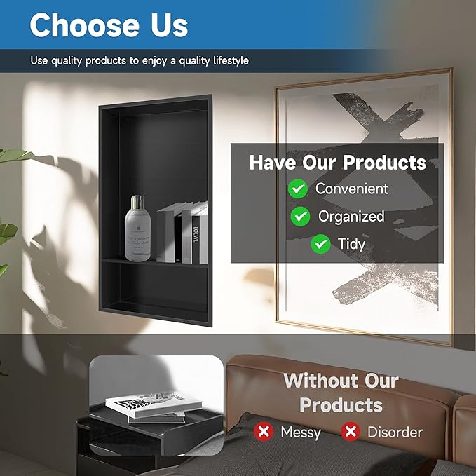 12" X 25" Stainless Steel Shower Niche Insert Tile Ready, Niche for Shower Wall, 2-Tier Recessed Shelves No Tile Needed for Bathroom Storage, Matte Black