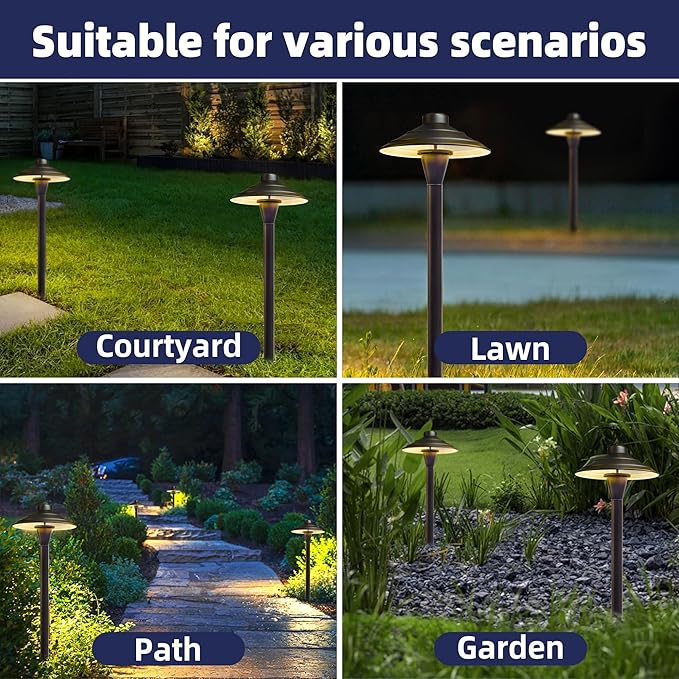 Solid Cast Brass Pathway Lights, 12V Low Voltage Landscape Lighting LED Path Lights with G4 Bulb for Outdoor Walkway, Garden, 23" Tall, 7.5" Shade