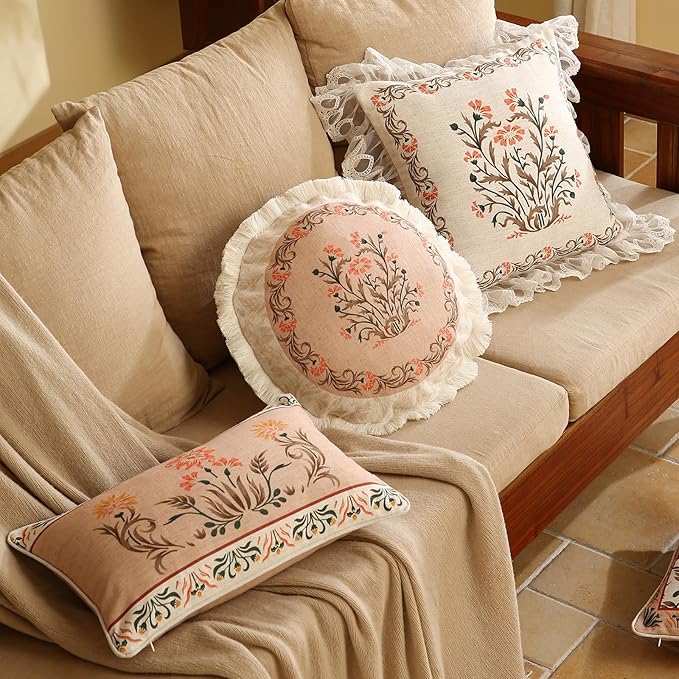 Design Linen Round Throw Pillow Covers Diameter 16", French Country Cushion Covers with Pink Heavy Lilies Floral Pattern Decor Pillowcases for Bed, Living Room, Outdoor, Car