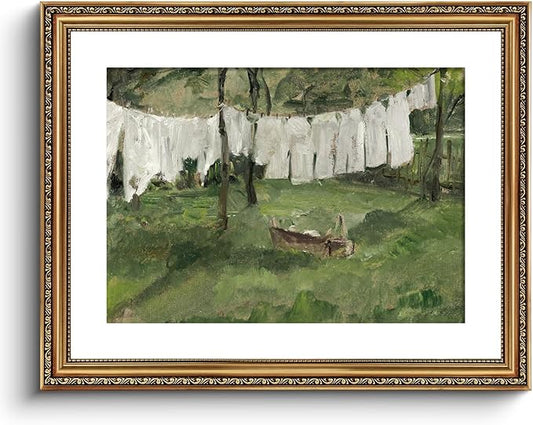 VIYYIEA Gold Framed Wall Art Canvas Print Home Decor Vintage Laundry Room Art Prints Antique Country Oil Painting Green Landscape Wall Decor Bathroom Art Wall Pictures for Living Room Bedroom 16x20in